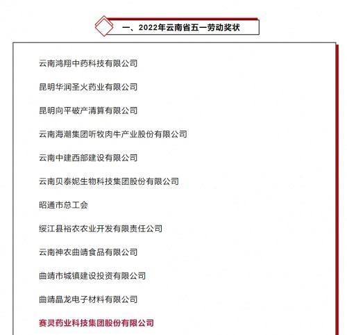 赛灵药业被云南省总工会授予"云南省五一劳动奖状"!